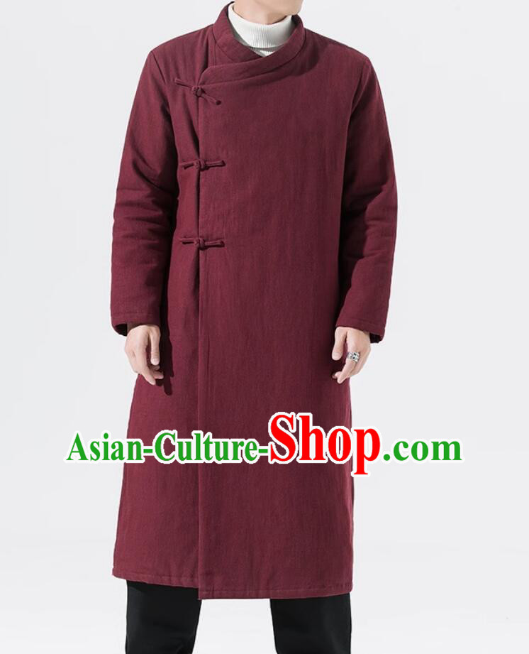 Chinese Traditional National Costume Winter Wine Red Greatcoat Tang Suit Cotton Padded Coat