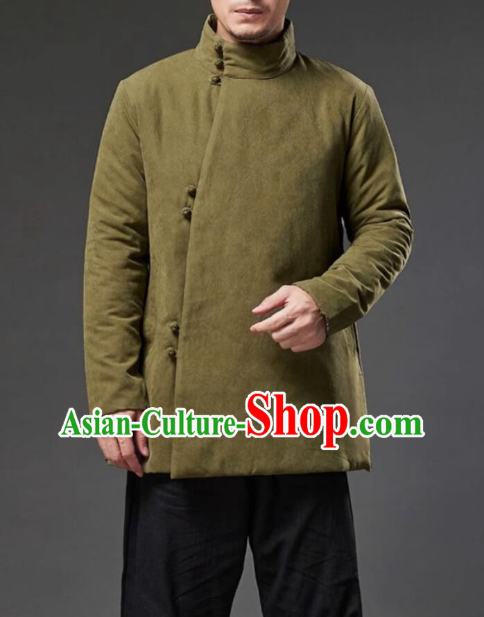 Chinese Tang Suit Cotton Padded Jacket Traditional National Costume Winter Olive Green Coat