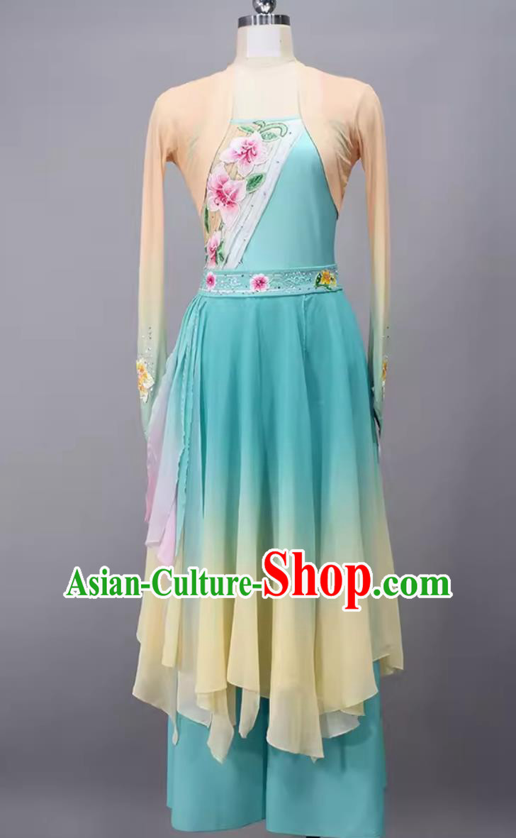 Chinese Fan Dance Costume Classical Dance Liu Guang Clothing China Woman Solo Dance Blue Dress