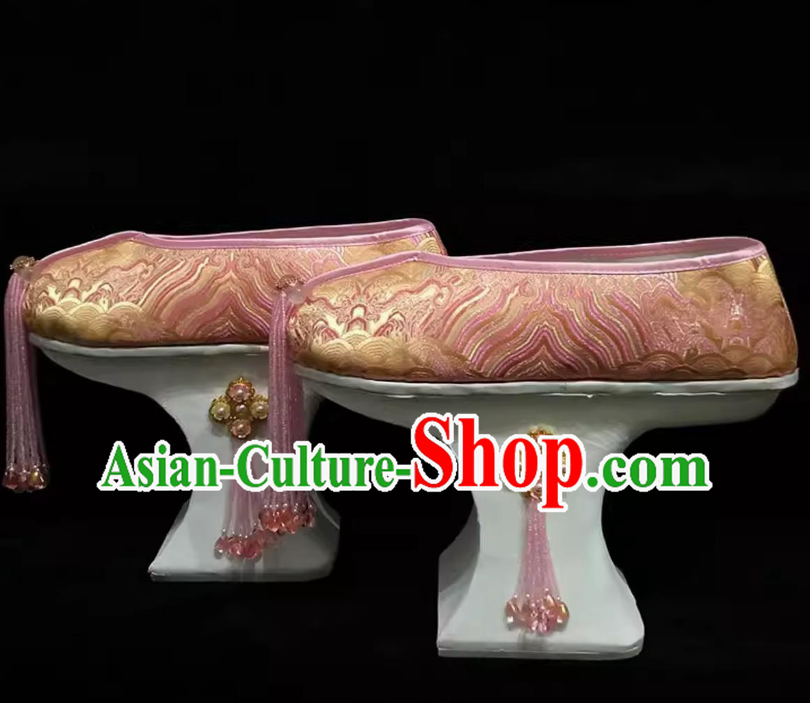 Ancient Chinese Empress Pink Shoes Ruyi Royal Love in the Palace Handmade Traditional Qing Dynasty Palace Woman Platform Shoes