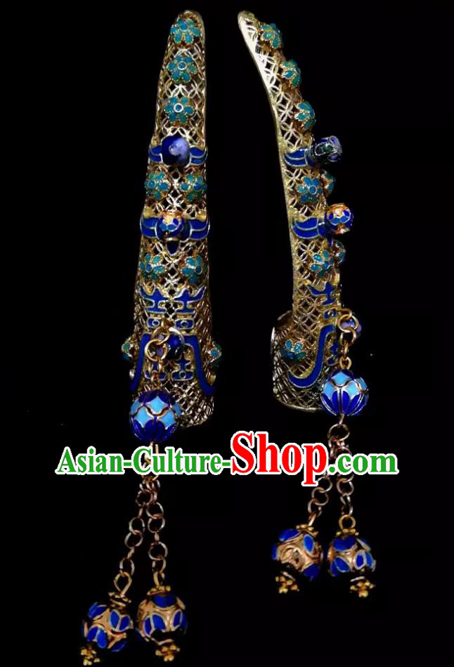 Handmade Traditional Qing Dynasty Manchu Woman Finger Guards Ancient Chinese Empress Cloisonne Fingernail Covers