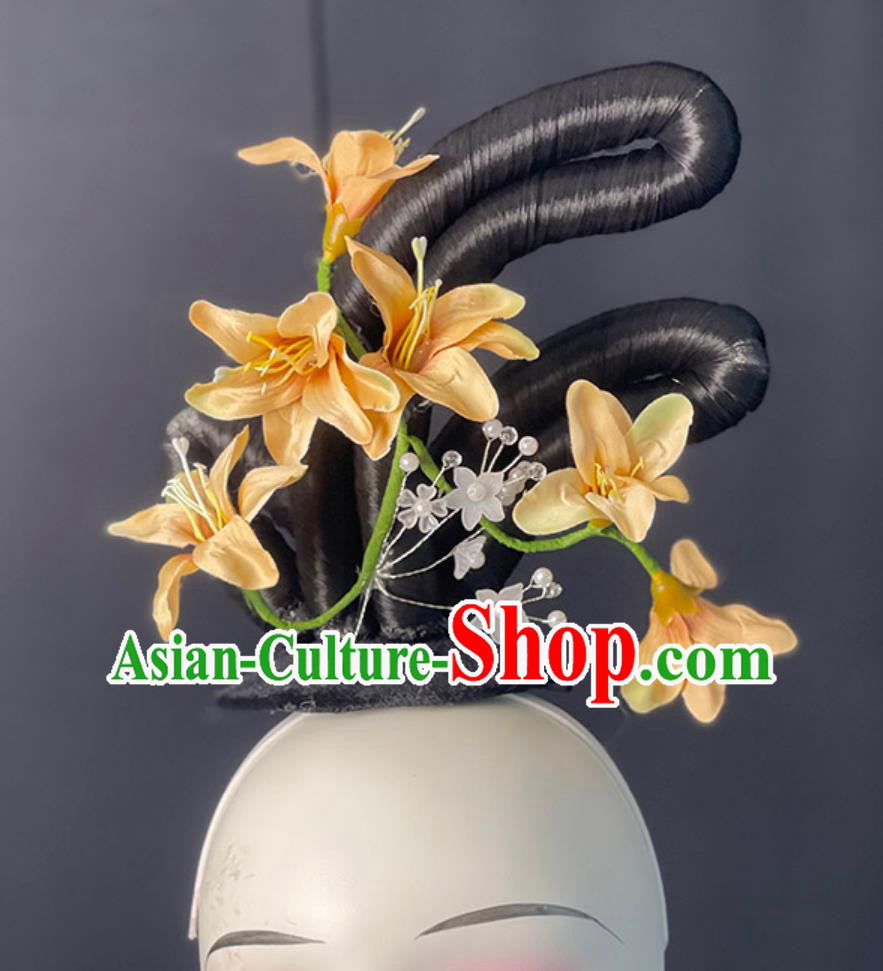 Zui Qing Bo Tang Dance Hair Jewelries Chinese Classical Dance Headpieces Handmade Hanfu Dance Wig Chignon