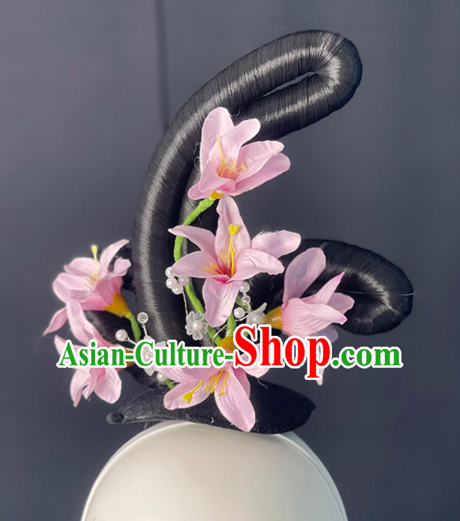 Zui Qing Bo Tang Dance Hair Jewelries Chinese Classical Dance Pink Headpieces Handmade Hanfu Dance Wig Chignon