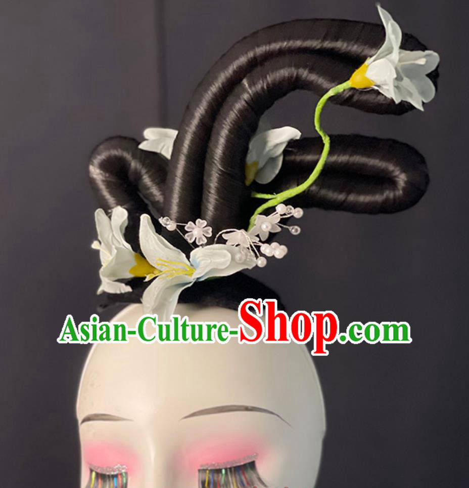 Handmade Hanfu Dance Wig Chignon Zui Qing Bo Tang Dance Hair Jewelries Chinese Classical Dance White Headpieces