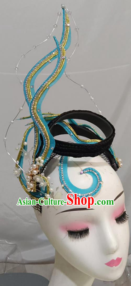 Chinese Classical Dance Blue Headpiece Handmade Opening Dance Hair Jewelry Women Group Dance Headgear