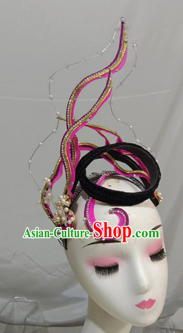 Women Group Dance Headgear Chinese Classical Dance Pink Headpiece Handmade Opening Dance Hair Jewelry