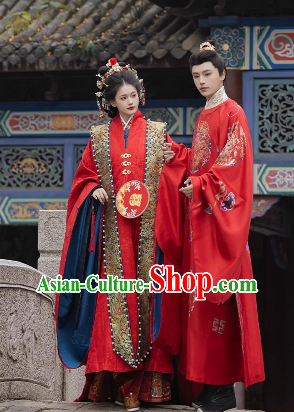 Traditional Chinese Wedding Hanfu Dresses Ancient Ming Dynasty Bride and Groom 2 Costumes Complete Set
