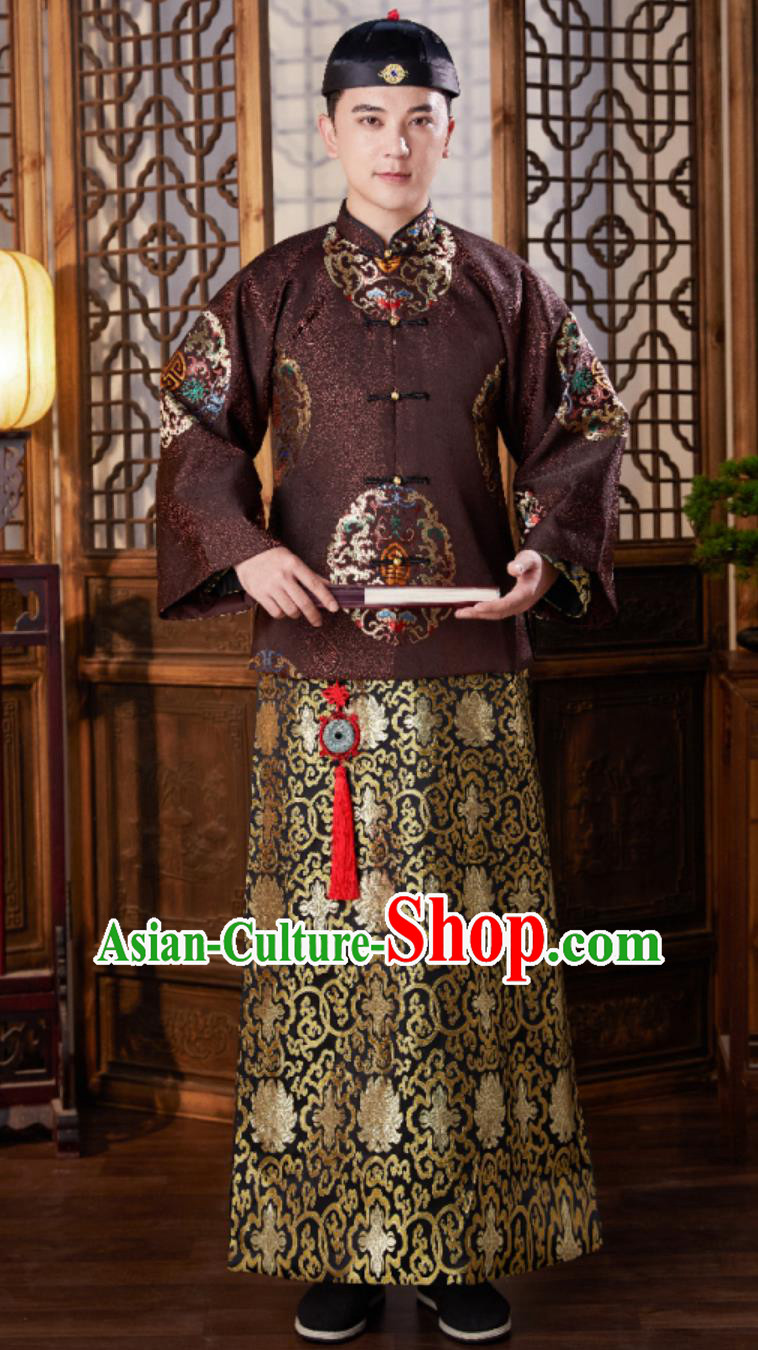 Ancient China Young Childe Costume Chinese Traditional Mandarin Jacket and Gown Qing Dynasty Shopkeeper Clothing