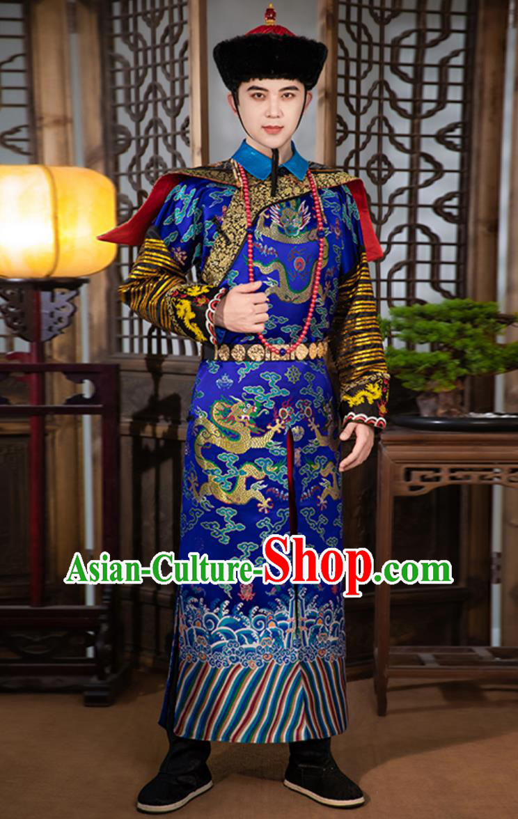 Chinese Traditional Royal Blue Official Robe Qing Dynasty Eunuch Clothing Ancient China Court Servant Costume