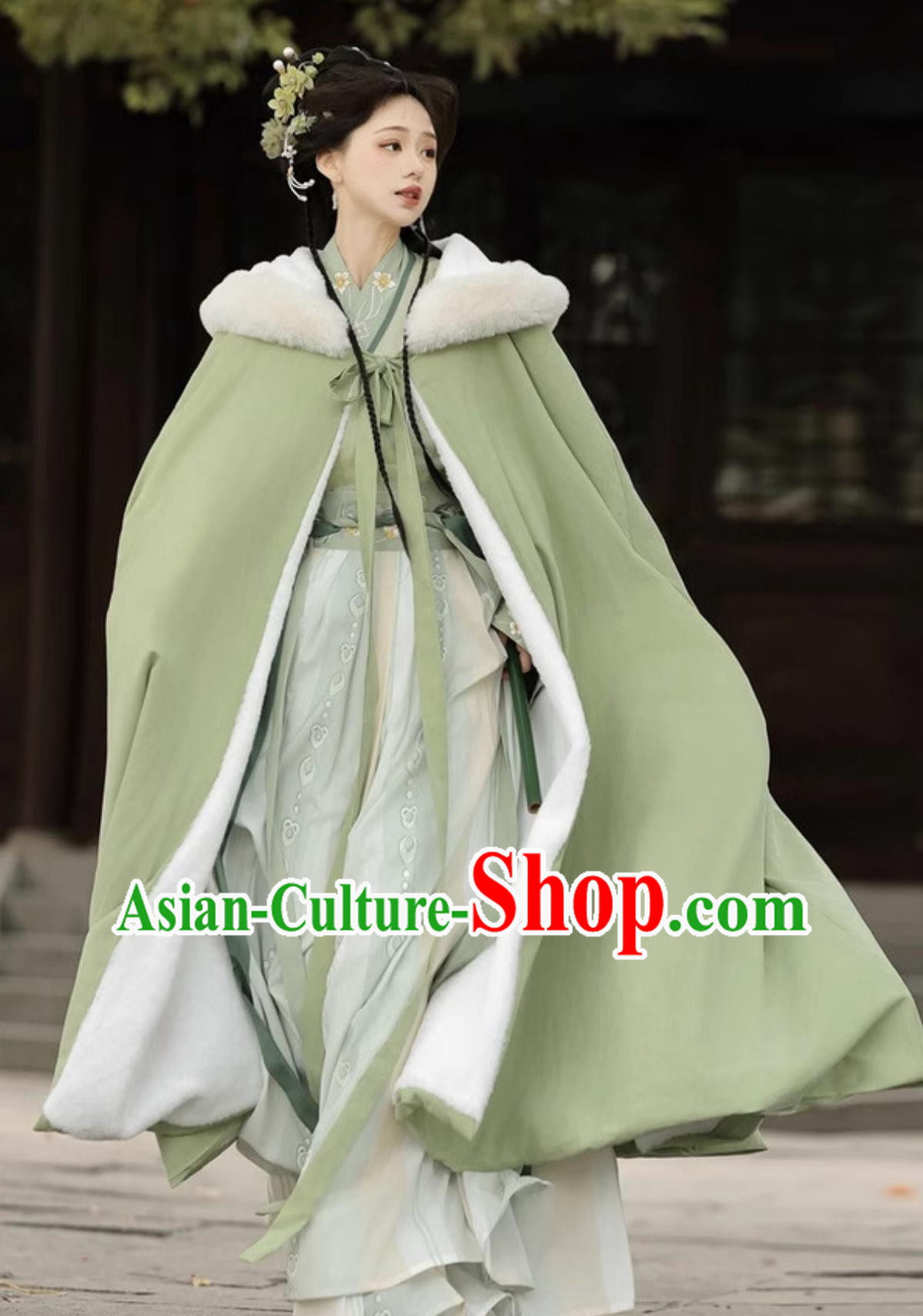 Chinese Traditional Green Hanfu Cloak Ming Dynasty Woman Clothing Ancient China Princess Long Cape