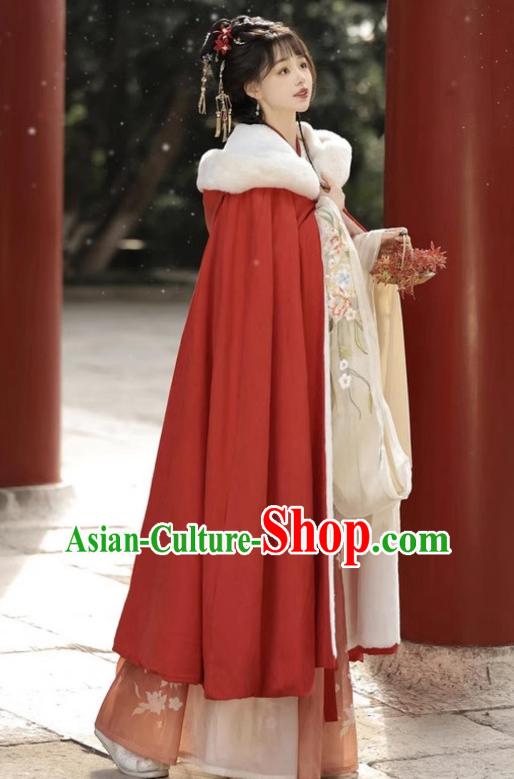 Ancient China Princess Costume Traditional Red Hanfu Cloak Chinese Ming Dynasty Young Lady Cape Clothing
