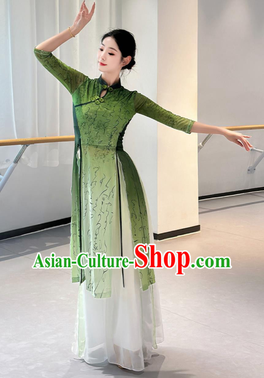 Chinese Classical Dance Costume Women Group Dance Clothing Stage Performance Green Qipao Dress