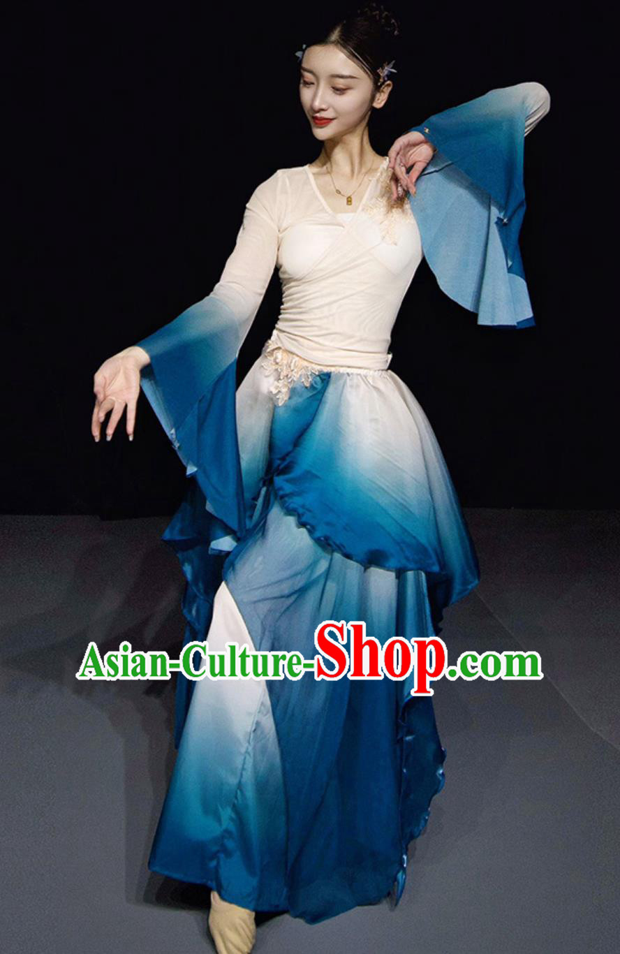 Chinese Classical Dance Costume Women Group Dance Clothing Zui Jing Bo Stage Performance Blue Dress