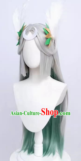 Inaba Kaguya Cos Wig Onmyoji Silver Gradient Center Parting Princess Cut Real Feather