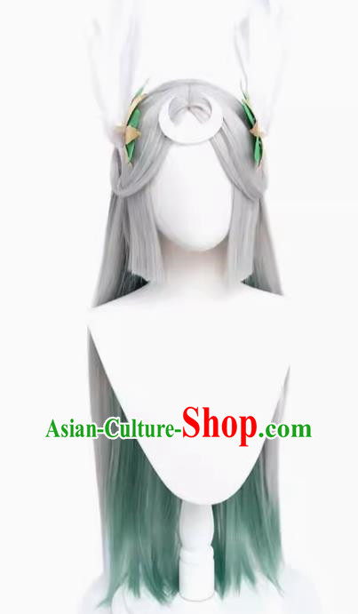 Inaba Kaguya Cos Wig Onmyoji Silver Gradient Center Parting Princess Cut Real Feather