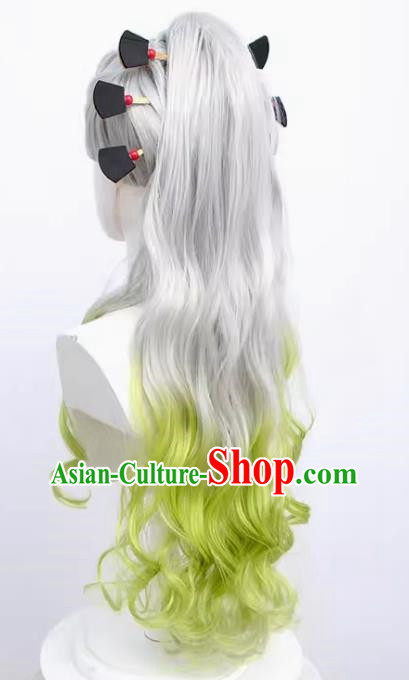 Fallen Princess Cos Wig Demon Slayer Kimetsu No Yaiba Silver Gradient Green Tiger Mouth Ponytail Curly Hairpin