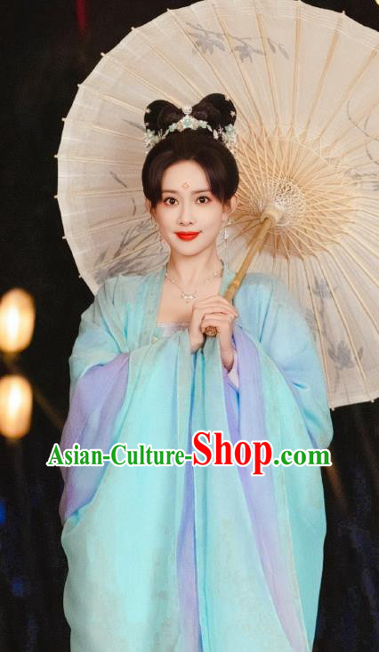 Chinese Ancient Tang Dynasty Crown Princess Costumes Romantic TV Series Royal Rumours Noble Lady Hua Liu Li Blue Dresses