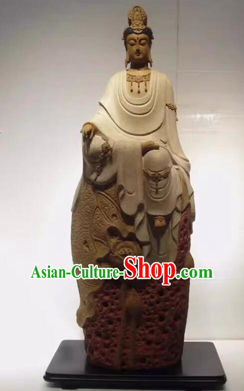 Chinese Handmade Avalokita Bodhisattva Statue Shiwan Ceramics Buddha Arts Collection