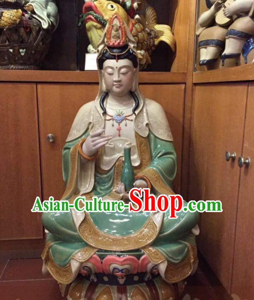 Chinese Porcelain Bodhisattva Figurine Handmade Guan Yin Statue Shiwan Ceramic Sculpture