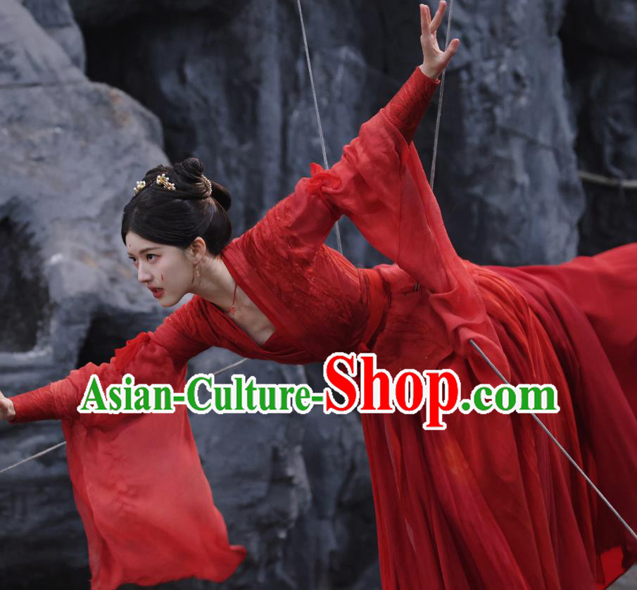 Chinese Ancient Female Knight Garment Costumes TV Series The Last Immortal Swordswoman A Yin Red Dress