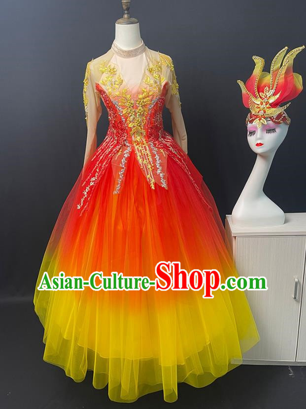 Red And Yellow Opening Dance Performance Costumes With Large Swing Skirts Female Atmospheric Singing And Dancing Costumes Spring Story Dance Costumes