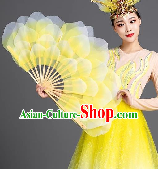 Yellow Dance Fan Opening Dance Peony Flower Double Sided Large Petals Dance Square Yangko Props Stage Performance Fan