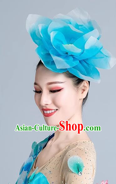 Blue Dance Headdress Performance Headdress Flower Opening Modern Dance Performance Props Accessories Peony Headdress Square Dance Headdress