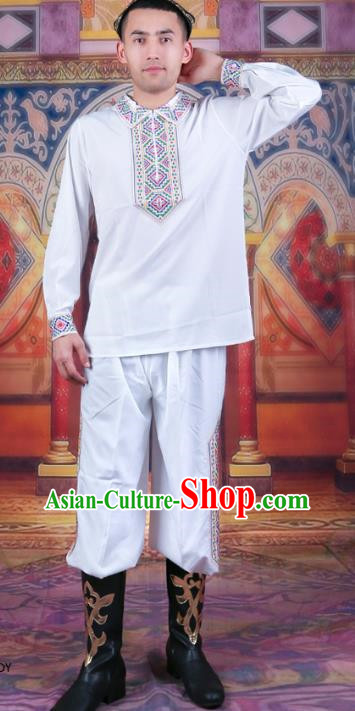 White Ethnic Style Embroidered Male Dance Clothing China Xinjiang Uyghur Stage Performance Suit