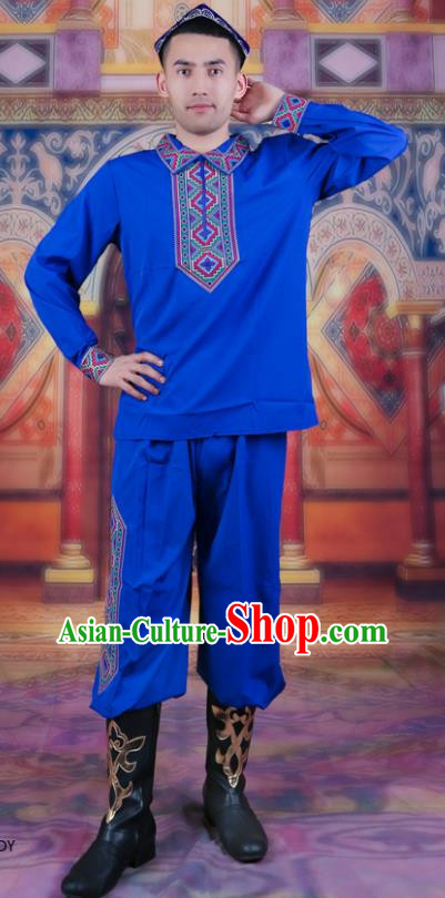 Sapphire Blue Ethnic Style Embroidered Male Dance Clothing China Xinjiang Uyghur Stage Performance Suit