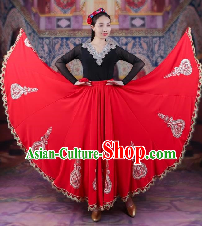 720 Degree Wide Swing Red Chiffon Skirt With Gold Edge And Lace Ethnic Style Four Seasons Long Skirt Chinese Xinjiang Dance Performance Costume