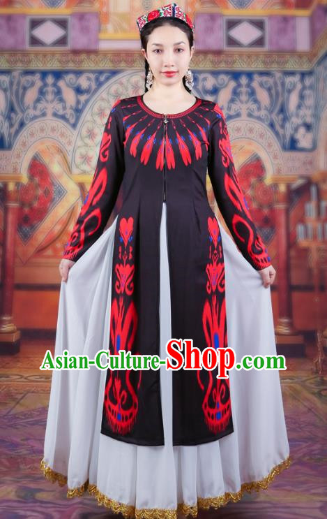 Black China Xinjiang Dance Costume Women Long Vest Uyghur Adelaide Long Ruffles