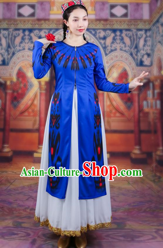 Royal Blue China Xinjiang Dance Performance Costumes Women Long Vest Uyghur Adelaide Long Lace