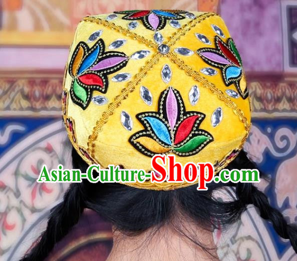 Yellow Chinese Xinjiang Dance Flower Hat Female Adult Four Corner Hat Performance Headwear Uighur Dance Embroidered Hat Ethnic Style Stage Hat