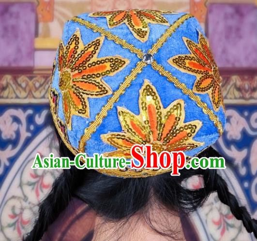 Blue China Xinjiang Dance Flower Hat Female Adult Four Corner Hat Performance Headwear Uighur Dance Embroidered Hat Ethnic Style Stage Hat