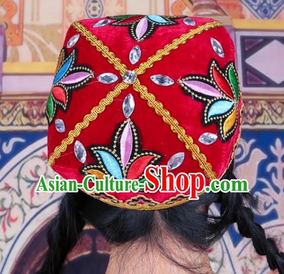 Red China Xinjiang Dance Flower Hat Female Adult Four Corner Hat Performance Headwear Uighur Dance Embroidered Hat Ethnic Style Stage Hat
