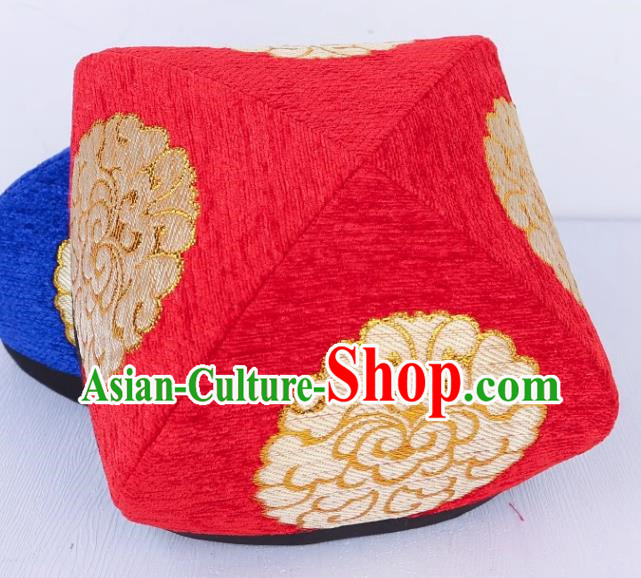 Red Chinese Xinjiang Dance Embroidered Flower Hat For Men And Women Uyghur Stage Performance Four Cornered Hat