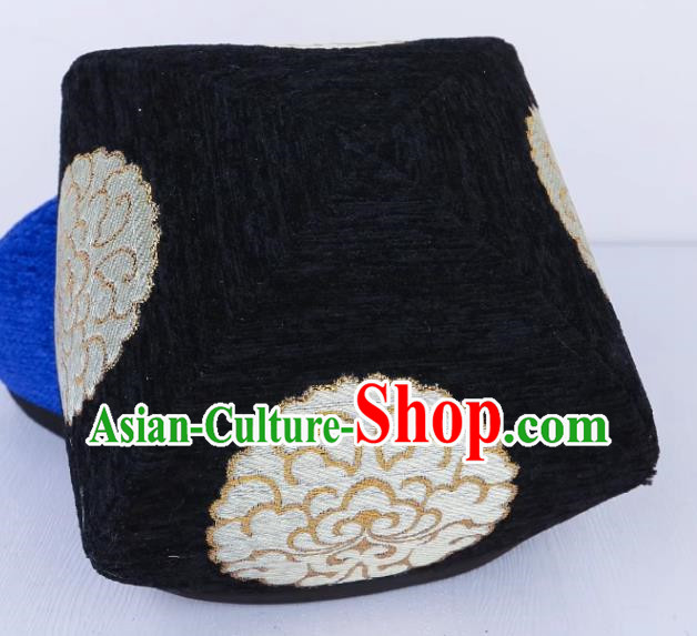 Black Chinese Xinjiang Dance Embroidered Flower Hat For Men And Women Uyghur Stage Performance Four Corner Hat