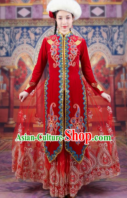 China Xinjiang Dance Costumes Ethnic Style High Definition Gold Velvet Long Coat Uyghur Stage Long Red Vest
