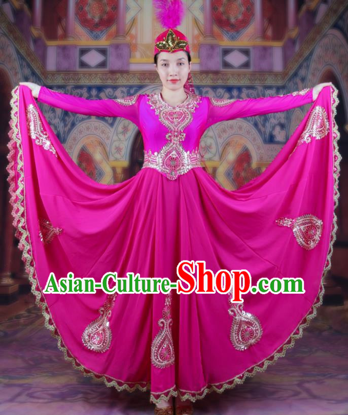 Rose Red Chinese Xinjiang Dance Performance Costumes High Definition Women Dress Suit Ethnic Characteristic Dance Costume Uyghur Large Swing Skirt