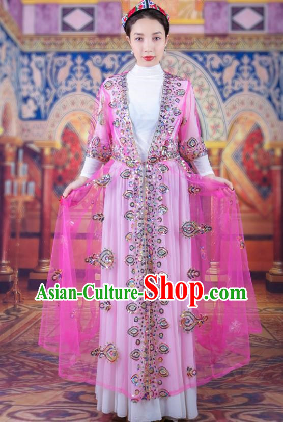 Pink China Xinjiang Dance Performance Costume Ethnic Style Bead Embroidery Women Clothing Uyghur Long Mesh Vest