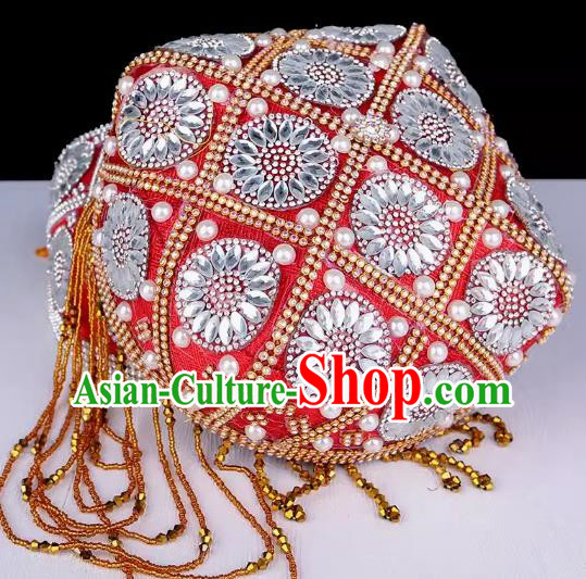China Xinjiang Dance Performance Hat Ethnic Style Pure Handmade Beaded Embroidery Headwear Uyghur Stage Performance Pearl Red Flower Hat