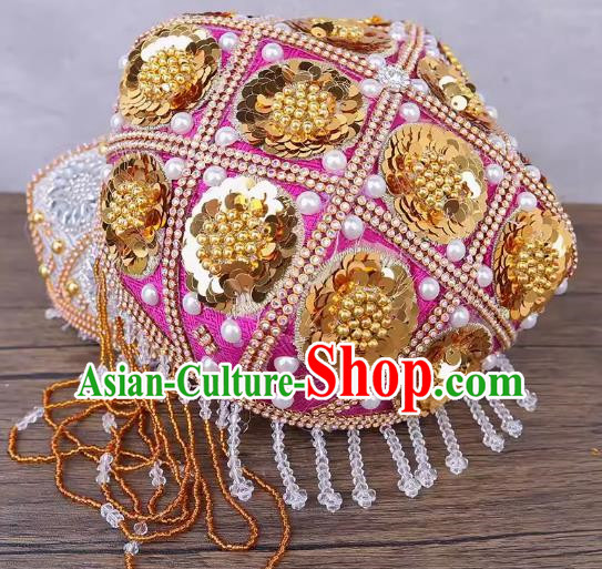 China Xinjiang Dance Performance Hat Ethnic Style Pure Handmade Beaded Embroidery Headwear Uyghur Stage Performance Pearl Pink Flower Hat