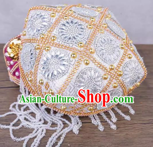 China Xinjiang Dance Performance Hat Ethnic Style Pure Handmade Beaded Embroidery Headwear Uyghur Stage Performance Yellow And White Flower Hat