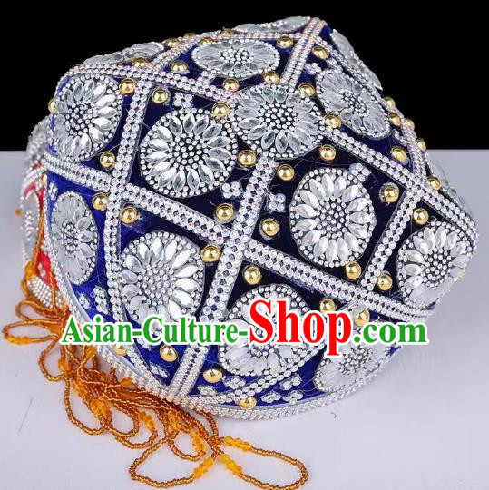China Xinjiang Dance Performance Hat Ethnic Style Pure Handmade Beaded Embroidery Headwear Uyghur Stage Performance Sapphire Blue Flower Hat