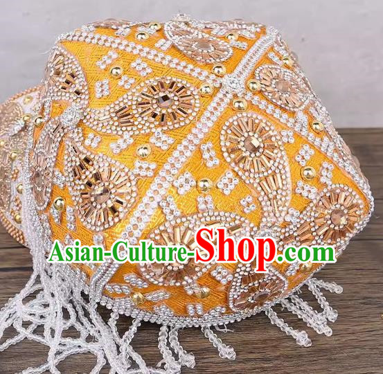 Golden Yellow Uyghur Flower Hat Handmade Beaded Lady Red Bada Wood Flower Headdress China Xinjiang Dance Stage Hat