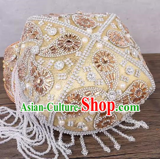 Beige Uyghur Flower Hat Handmade Beaded Lady Red Bada Wood Flower Headdress China Xinjiang Dance Stage Hat