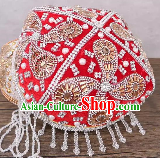 Silver Red Uyghur Flower Hat Handmade Beaded Lady Red Bada Wood Flower Headdress China Xinjiang Dance Stage Hat