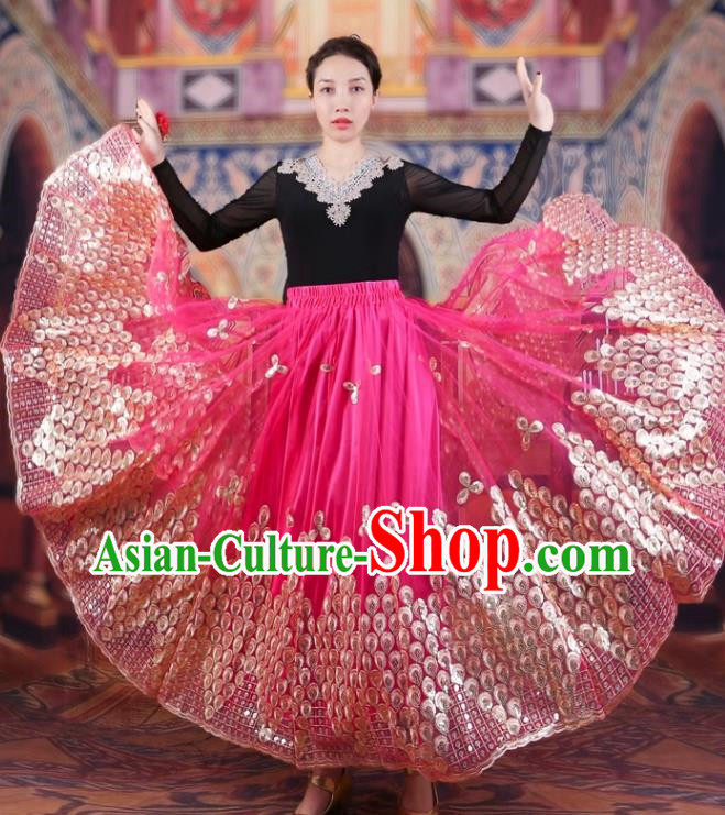 China Xinjiang Dance Performance Costumes Women Mesh Embroidered Skirt Uyghur Ethnic Style Red Large Swing Elegant Pink Skirt
