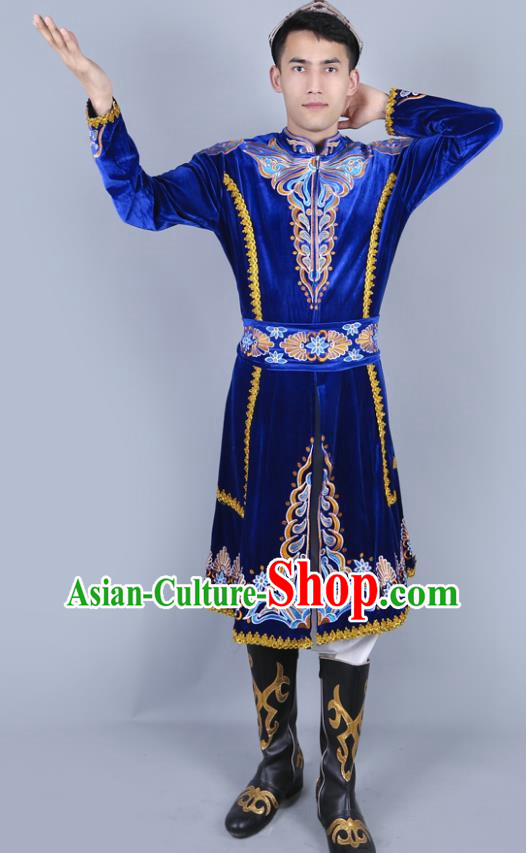 Royal Blue Men China Xinjiang Dance Performance Costume Uyghur Embroidered Skirt Stage Black Four Piece Set