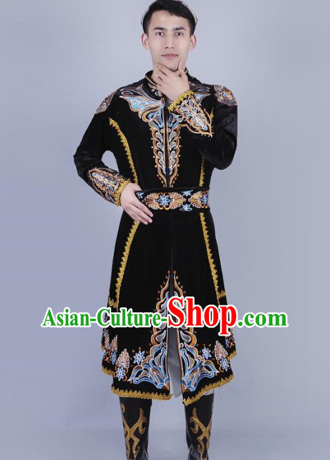 Black Men China Xinjiang Dance Performance Costume Uyghur Embroidered Skirt Stage Black Four Piece Set